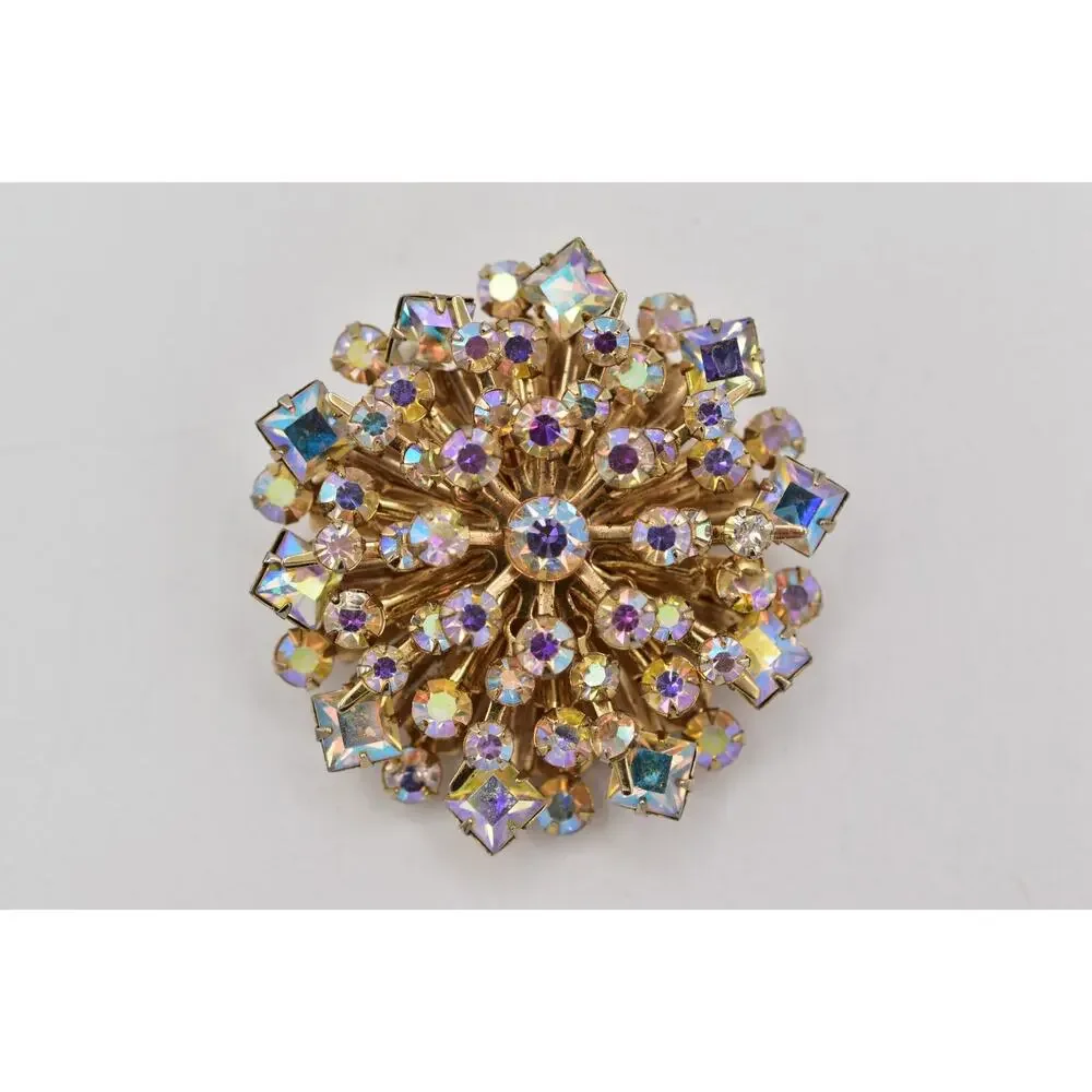 Vintage Crystal Starburst Flower Pin Brooch Aurora Borealis Rhinestone 60s BinBI